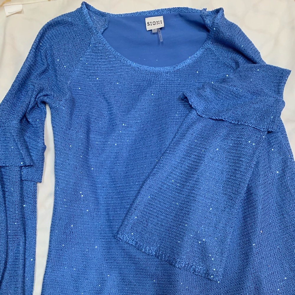 Beautiful blue metallic sweater with bell sleeve
